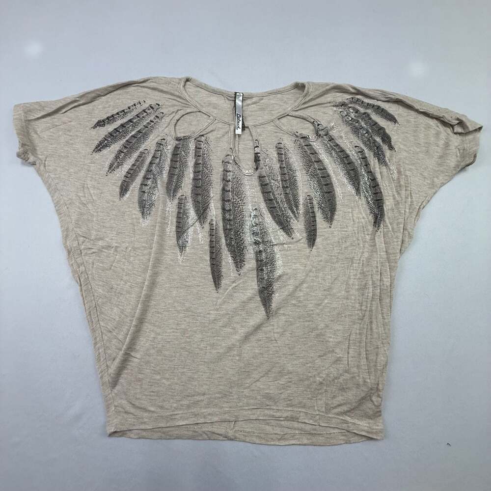 Petrol Women's Tan Feather Graphic Cut-Out Neck Dolman Sleeve Top